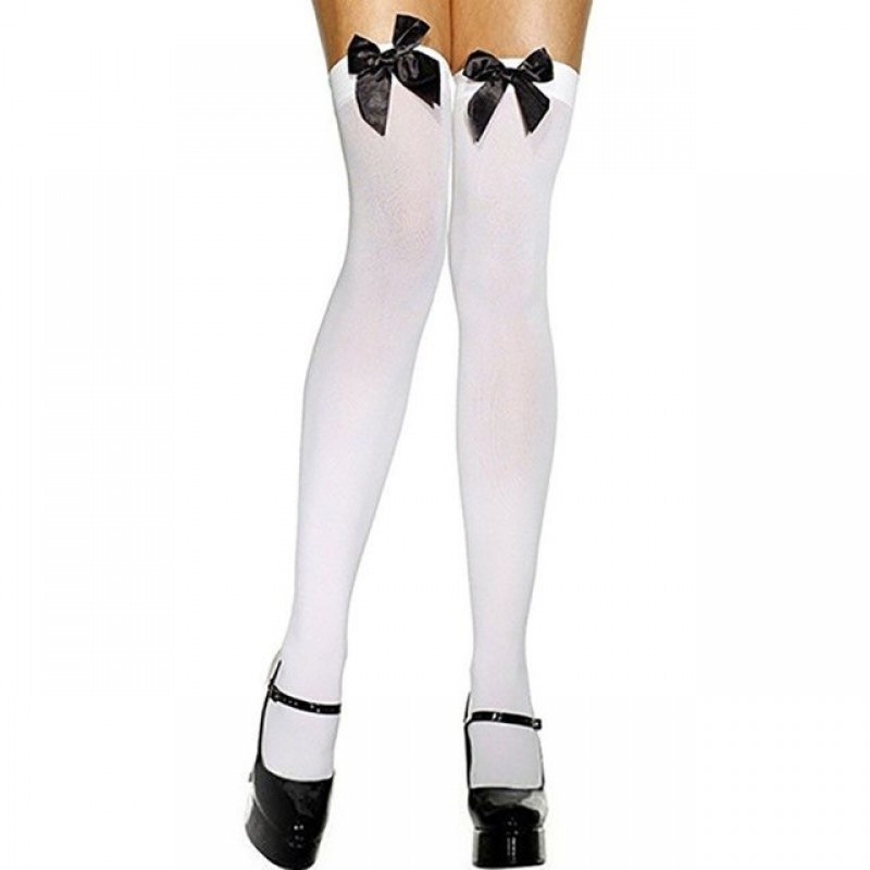 Sexy Stockings White / Black Bow Stretch Thigh High Over The Knee (XLIR-17)